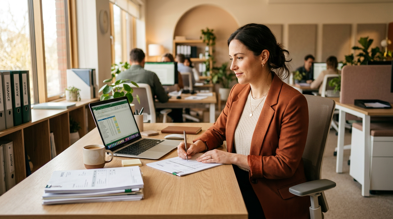 Professional bookkeeper at work in a modern Edmonton office